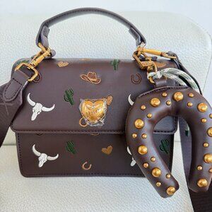 NWT BETSEY JOHNSON XOMYLO SATCHEL CROSSBODY BAG HORSESHOE KEYRING BROWN